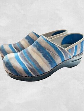 Dansko Blue/Grey/White Striped Canvas Clog Shoes, Size 37